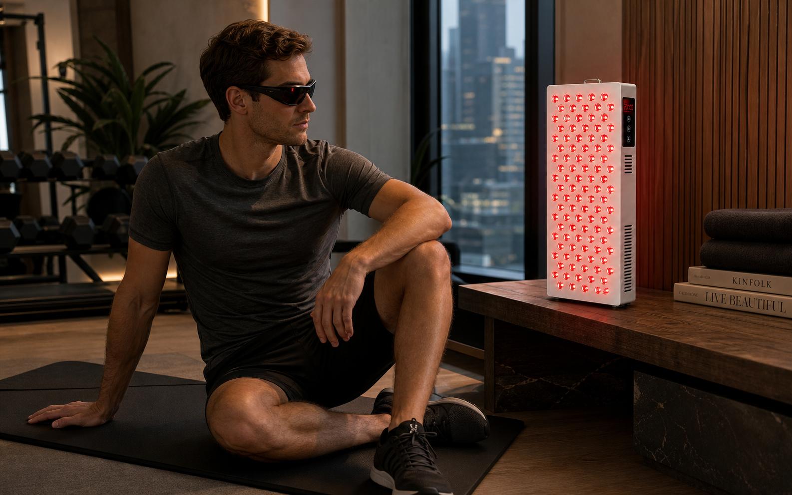 Person wearing eye protection beside a Longevity 500 wellness light panel