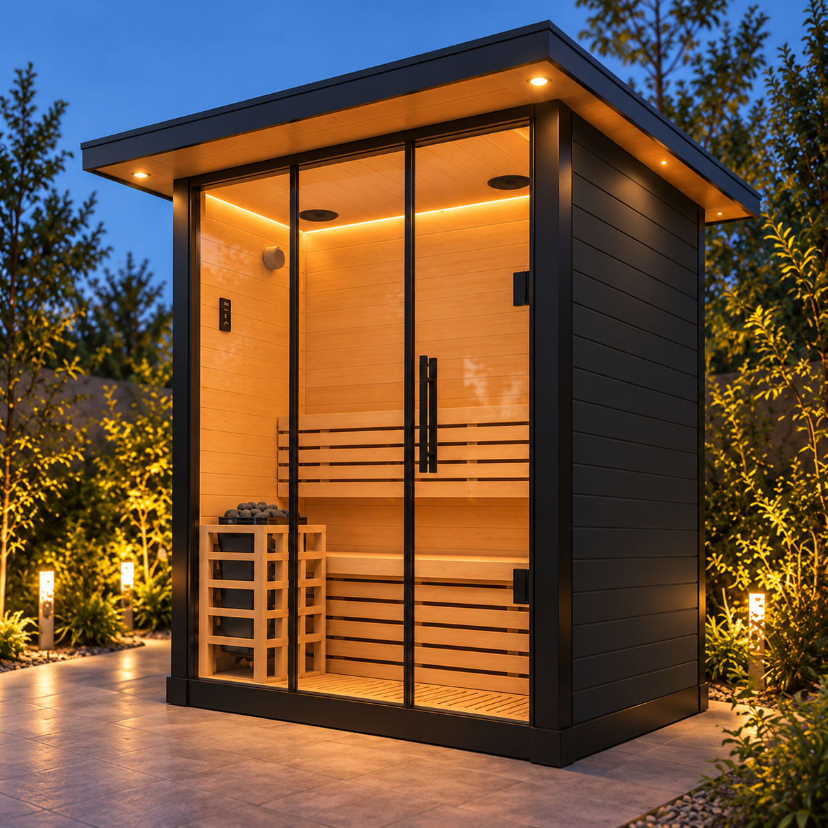 Compact Finnish sauna interior and heater