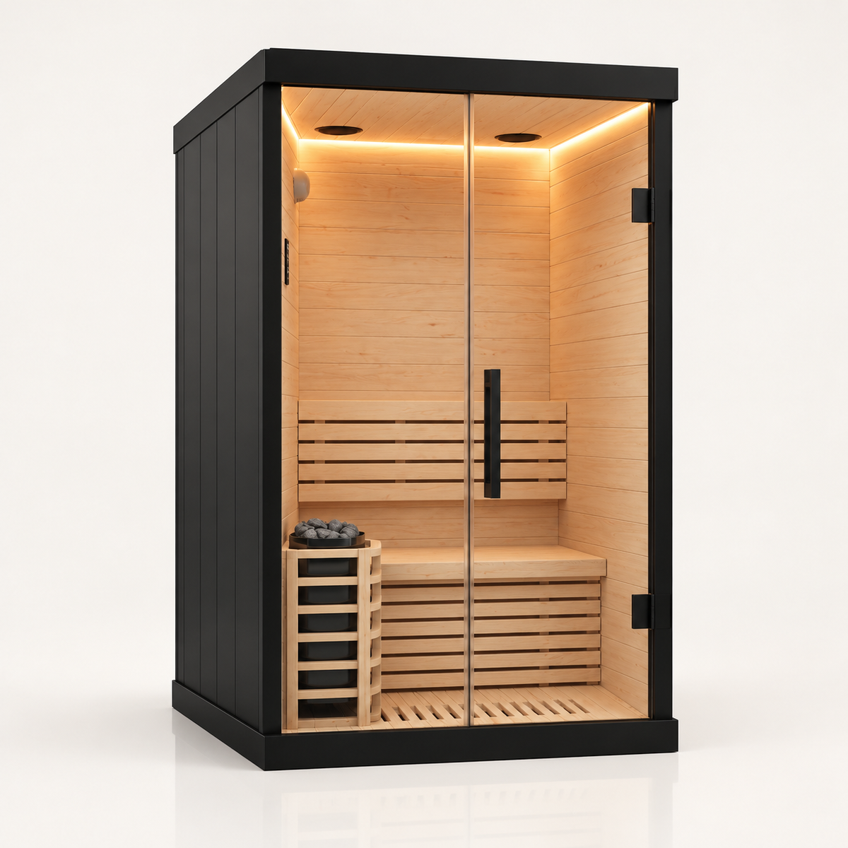 Compact Finnish sauna interior and heater