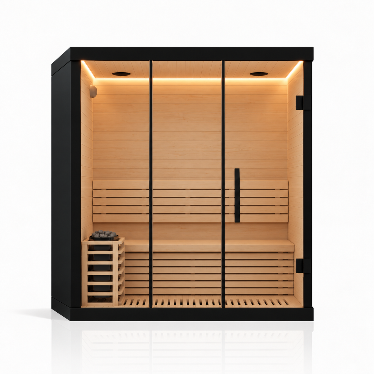 Compact Finnish sauna interior and heater