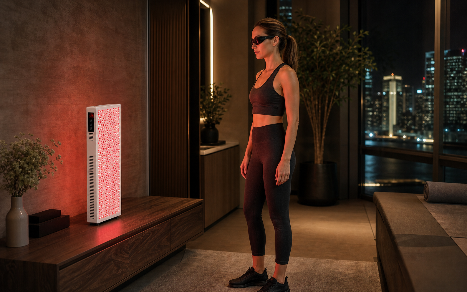 Person wearing eye protection beside a Longevity 1500 wellness light panel